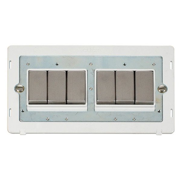 Click SIN416PWSS INGOT 10AX 6 Gang 2 Way Switch Insert - White / Stainless Steel