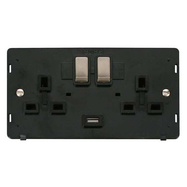 Click SIN570BKBS Definity 13A 2G Ingot Switched Socket With 2.1A USB Outlet Insert - Black / Brushed Stainless