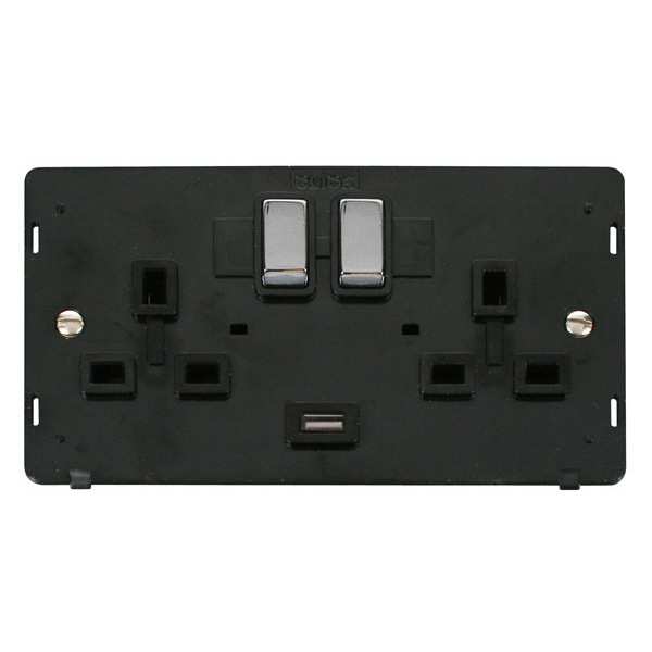 Click SIN570BKCH Definity 13A 2G Ingot Switched Socket With 2.1A USB Outlet Insert - Black / Chrome
