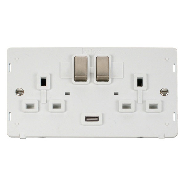 Click SIN570PWBS Definity 13A 2G Ingot Switched Socket With 2.1A USB Outlet Insert - White / Brushed Stainless
