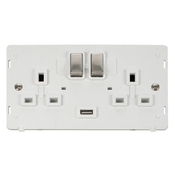 Click SIN570PWSS Definity 13A 2G Ingot Switched Socket With 2.1A USB Outlet Insert - White / Stainless Steel