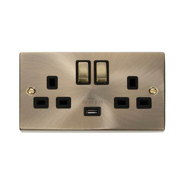 Click VPAB570BK 13A 2 Gang Switched Antique Brass Socket with USB