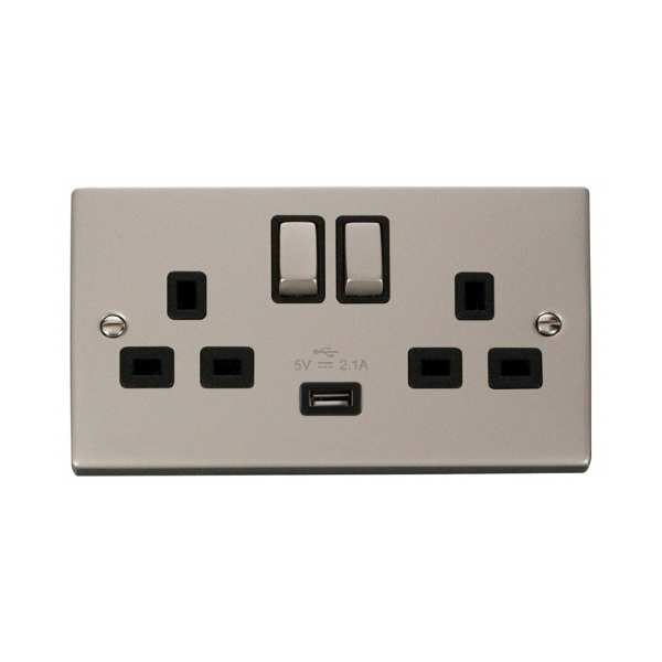 Click VPPN570BK 13A 2 Gang Switched Pearl Nickel Socket with USB