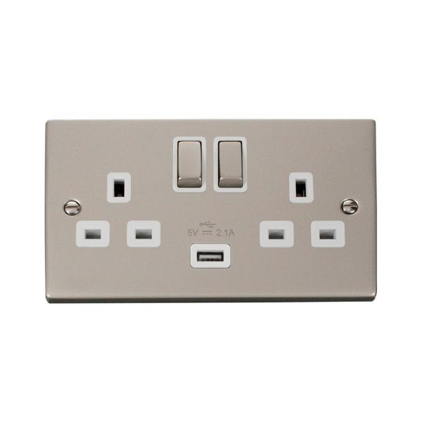 Click VPPN570WH 13A 2 Gang Switched Pearl Nickel Socket with USB