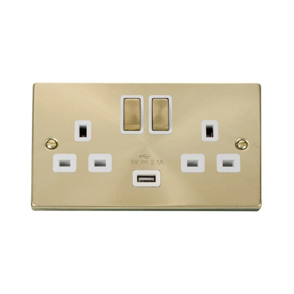 Click VPSB570WH 13A 2 Gang Switched Satin Brass Socket with USB