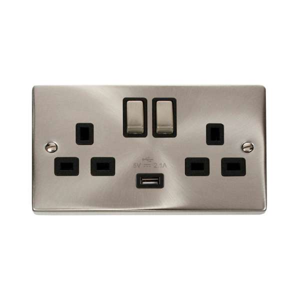 Click VPSC570BK Victorian Satin Chrome 13A 2G Ingot Switched Socket With 2.1A USB Outlet