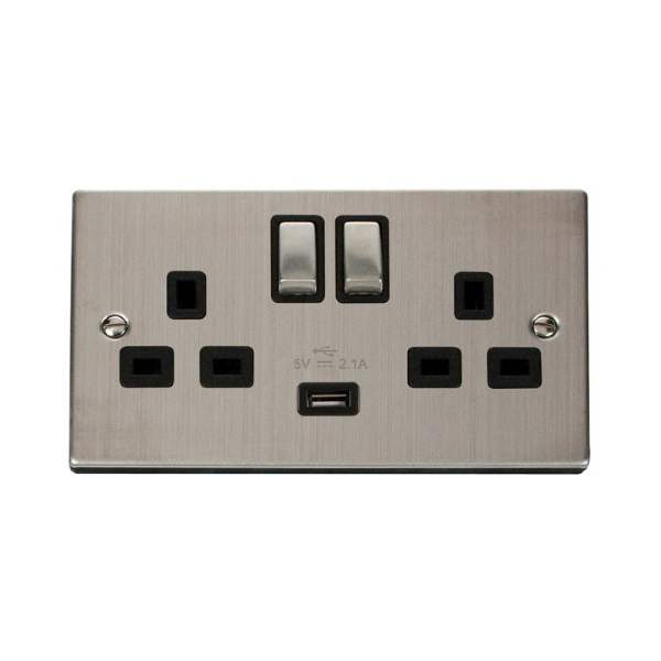 Click VPSS570BK 13A 2 Gang Switched Stainless Steel Socket with USB
