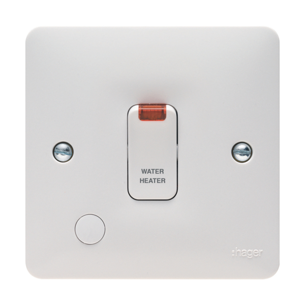 Hager WMDP85FON 20A Double Pole Switch With LED Indicator & Flex Outlet Marked "Water Heater" 