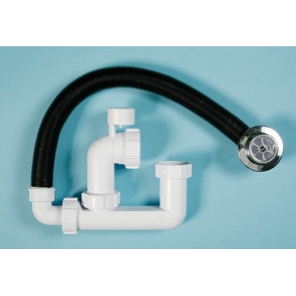 Polypipe Low Level Bath Trap 40mm x 75mm Seal White with Hose and Chrome Rose